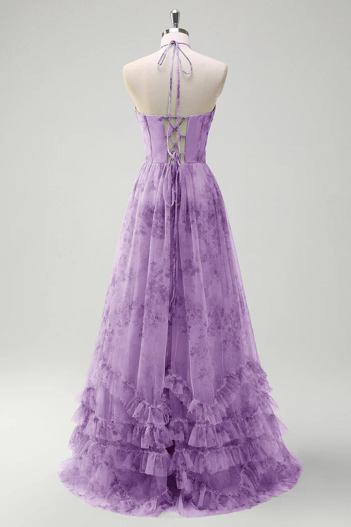 Robe longue verte Weitese, coupe trapèze, col en V, motif floral, corset, volants, avec fente, robe de bal